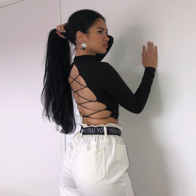 CurvesSense Women's Autumn and Winter Fashion Round Neck Long Sleeve Sexy Backless Strap Slim T-shirt