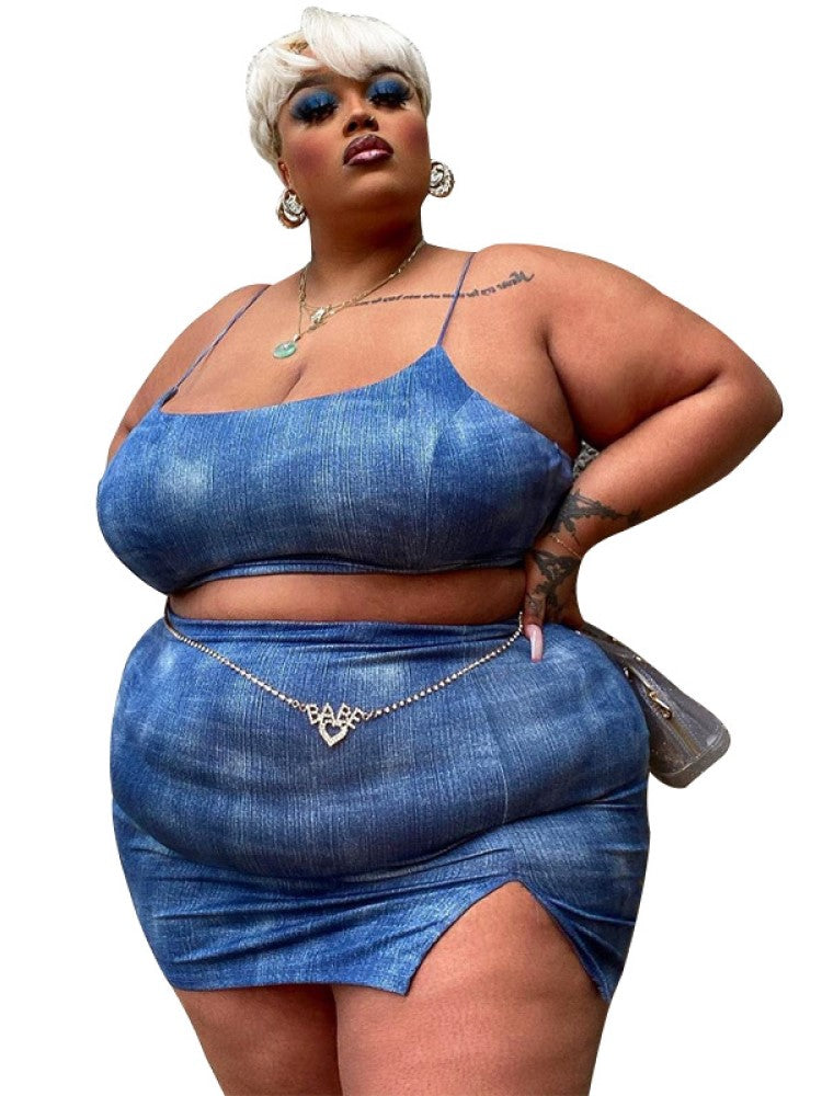 Plus Size Clothes Navel-Baring Suspender Slit Skirt Suit Two-Pieces Set