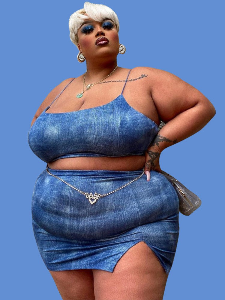 Plus Size Clothes Navel-Baring Suspender Slit Skirt Suit Two-Pieces Set