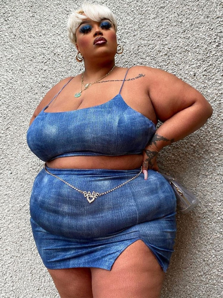 Plus Size Clothes Navel-Baring Suspender Slit Skirt Suit Two-Pieces Set