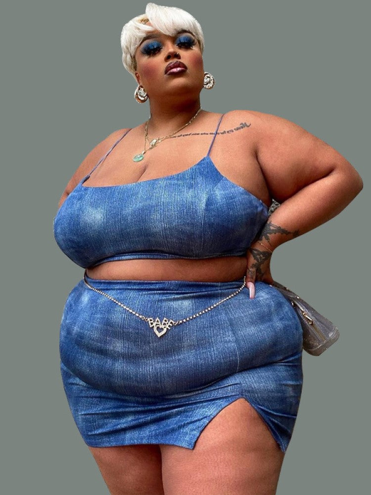 Plus Size Clothes Navel-Baring Suspender Slit Skirt Suit Two-Pieces Set
