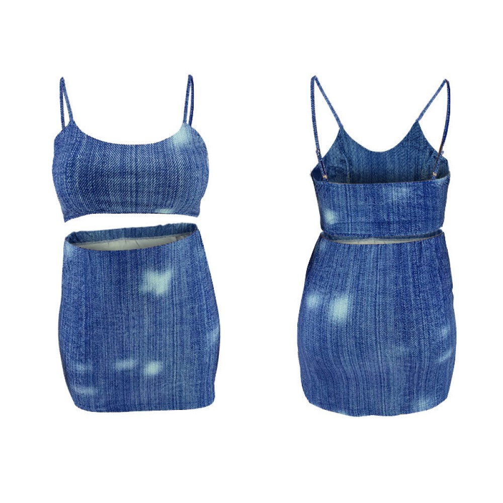 Plus Size Clothes Navel-Baring Suspender Slit Skirt Suit Two-Pieces Set