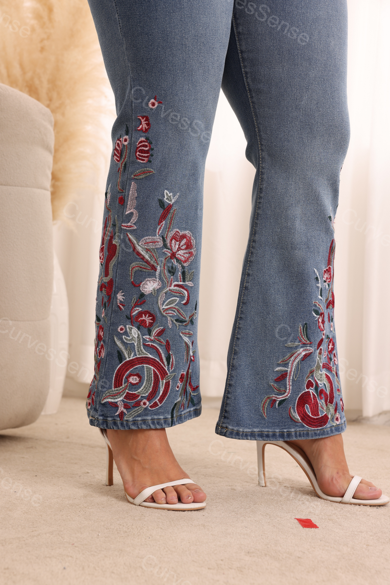 CurvesSense Hippie Plus Size Flower Embroidery Flare Jeans For Women Bell Bottom Plus Size Denim Pants