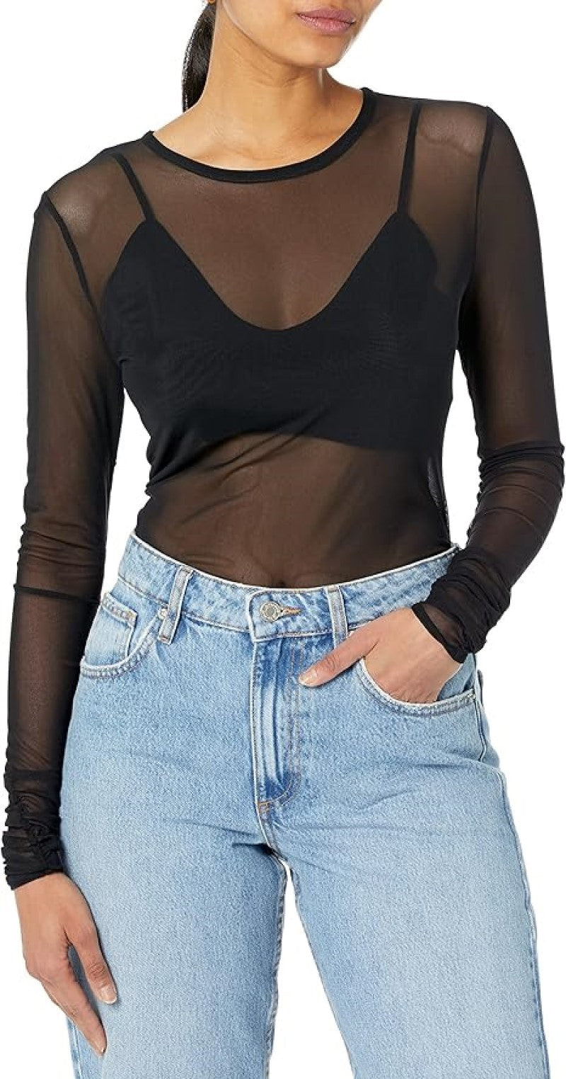 CurvesSense Womens Ladies Sheer Mesh Top Long Sleeve Stretchy See Through T Shirt Tops
