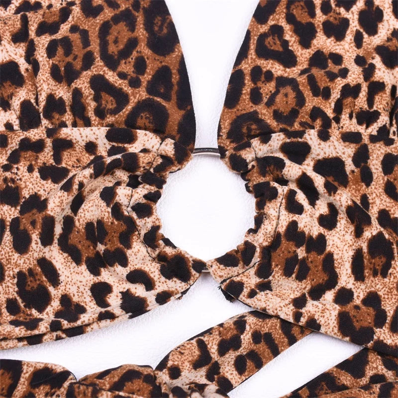CurvesSense Leopard Printed Halter Patchwork Backless Bandage Lace Up Sexy Crop Tops Women Camis