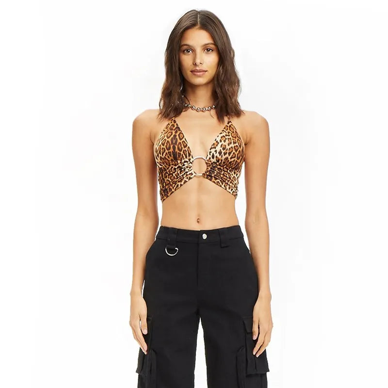 CurvesSense Leopard Printed Halter Patchwork Backless Bandage Lace Up Sexy Crop Tops Women Camis