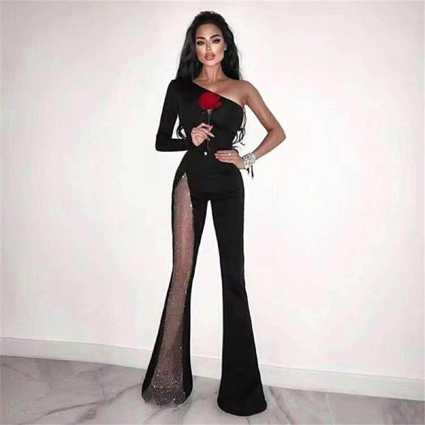 CurvesSense European and American style autumn women's fashion one-shoulder long-sleeved sexy mesh splicing flared jumpsuit Collar Fit Clothing