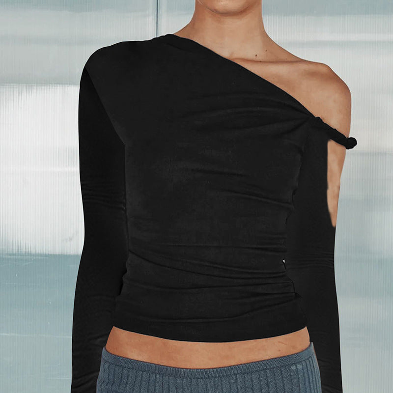 European and American fashion autumn new solid color one-shoulder slope collar pleated asymmetrical sexy long-sleeved top for women