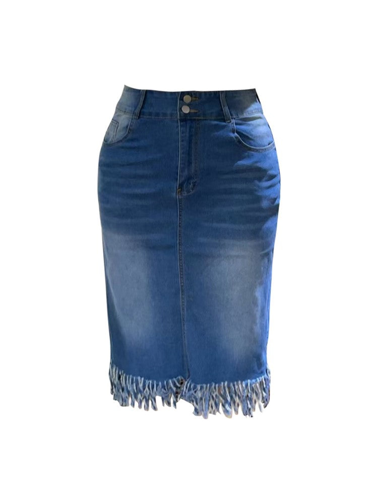 Plus Size Clothes Stretch Denim Skirt Tassel Hip Skirt