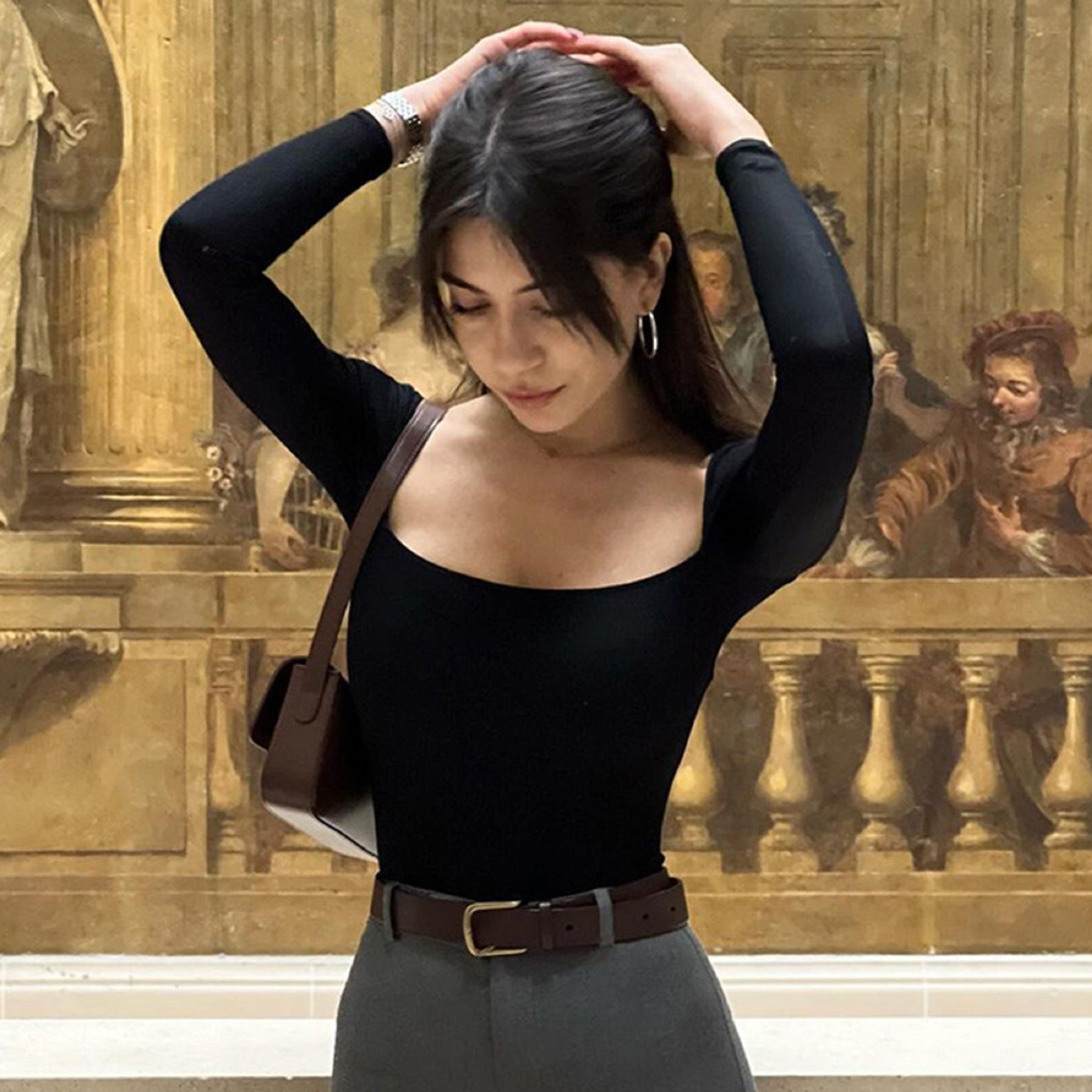 CurvesSense Women's American hottie style 2024 autumn new solid color square collar long sleeve tight inner bottoming shirt top