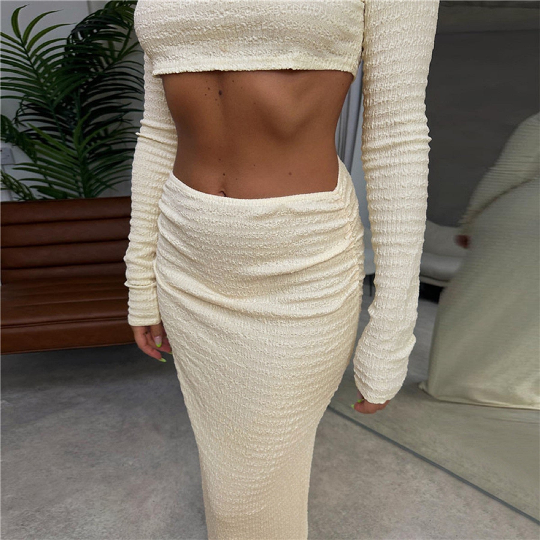 CurvesSense European and American style new women's fashion round neck long sleeve navel-baring T-shirt slim fit hip skirt suit Comfort Cotton