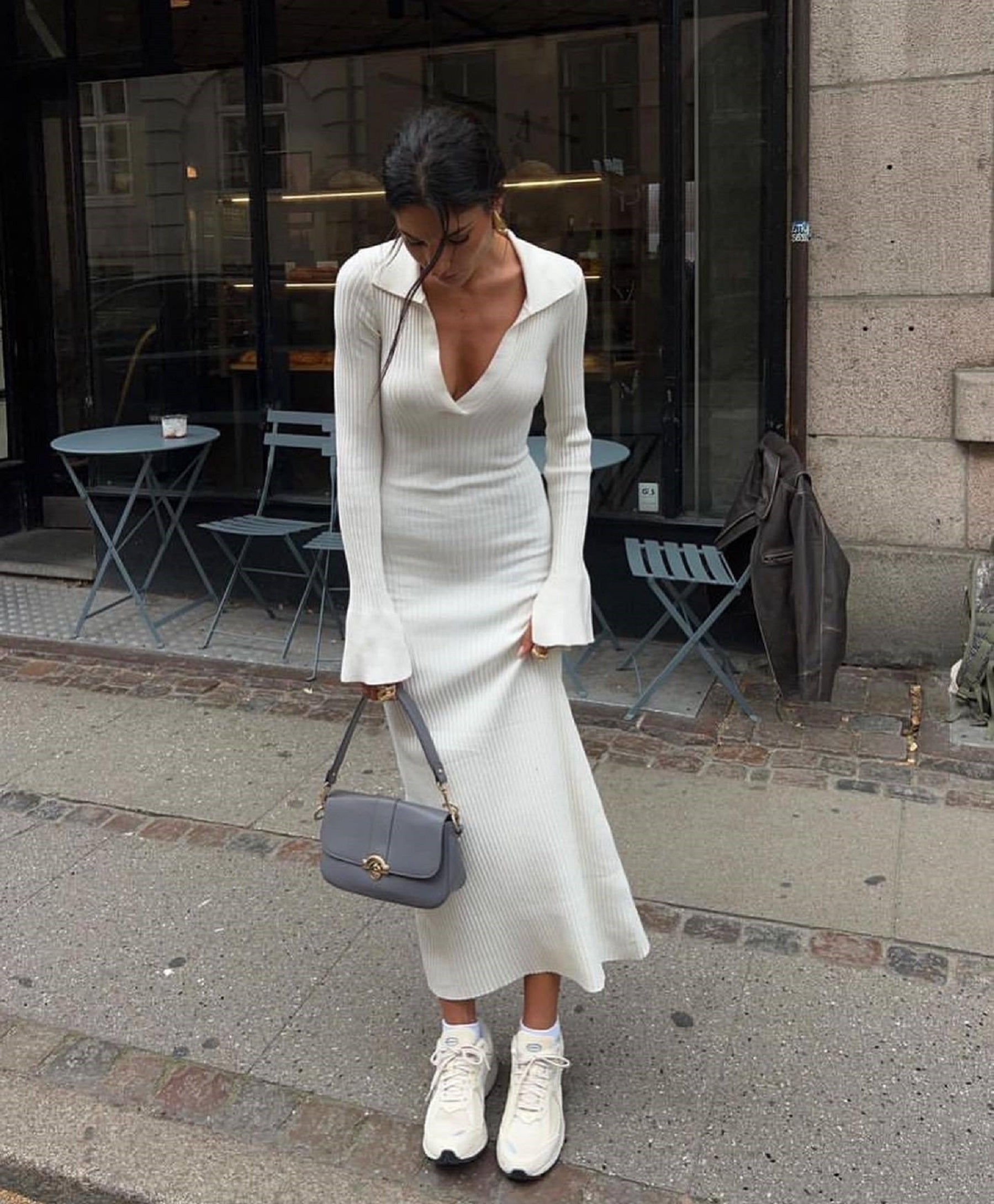 CurvesSense Women's new European and American long-sleeved dress women's knitted deep V sweater long skirt