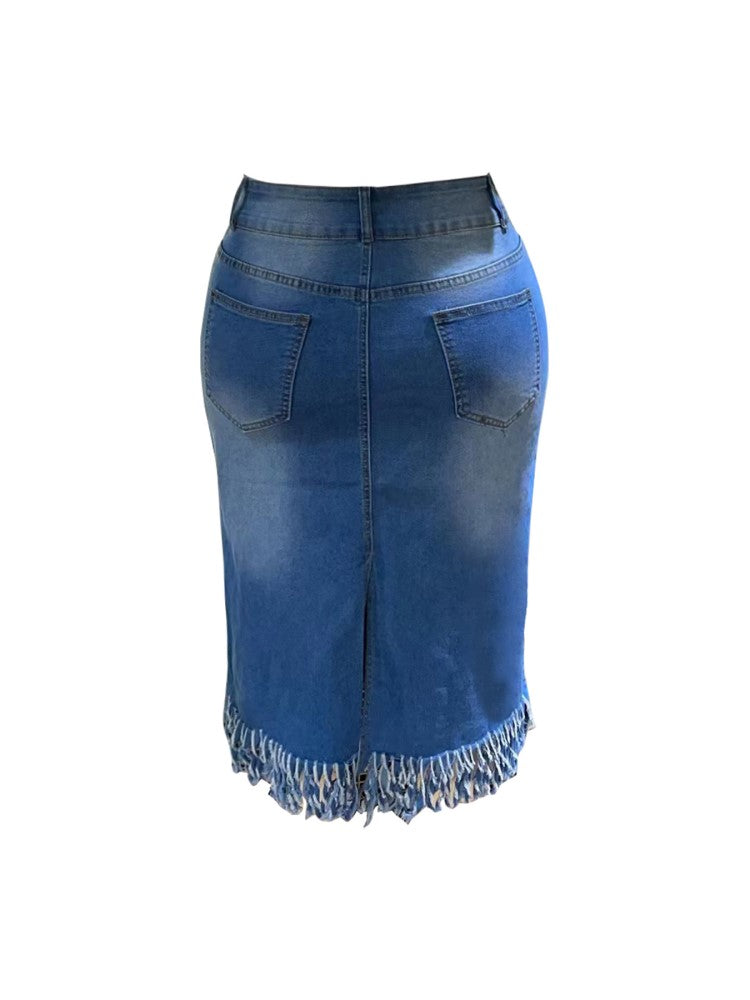 Plus Size Clothes Stretch Denim Skirt Tassel Hip Skirt