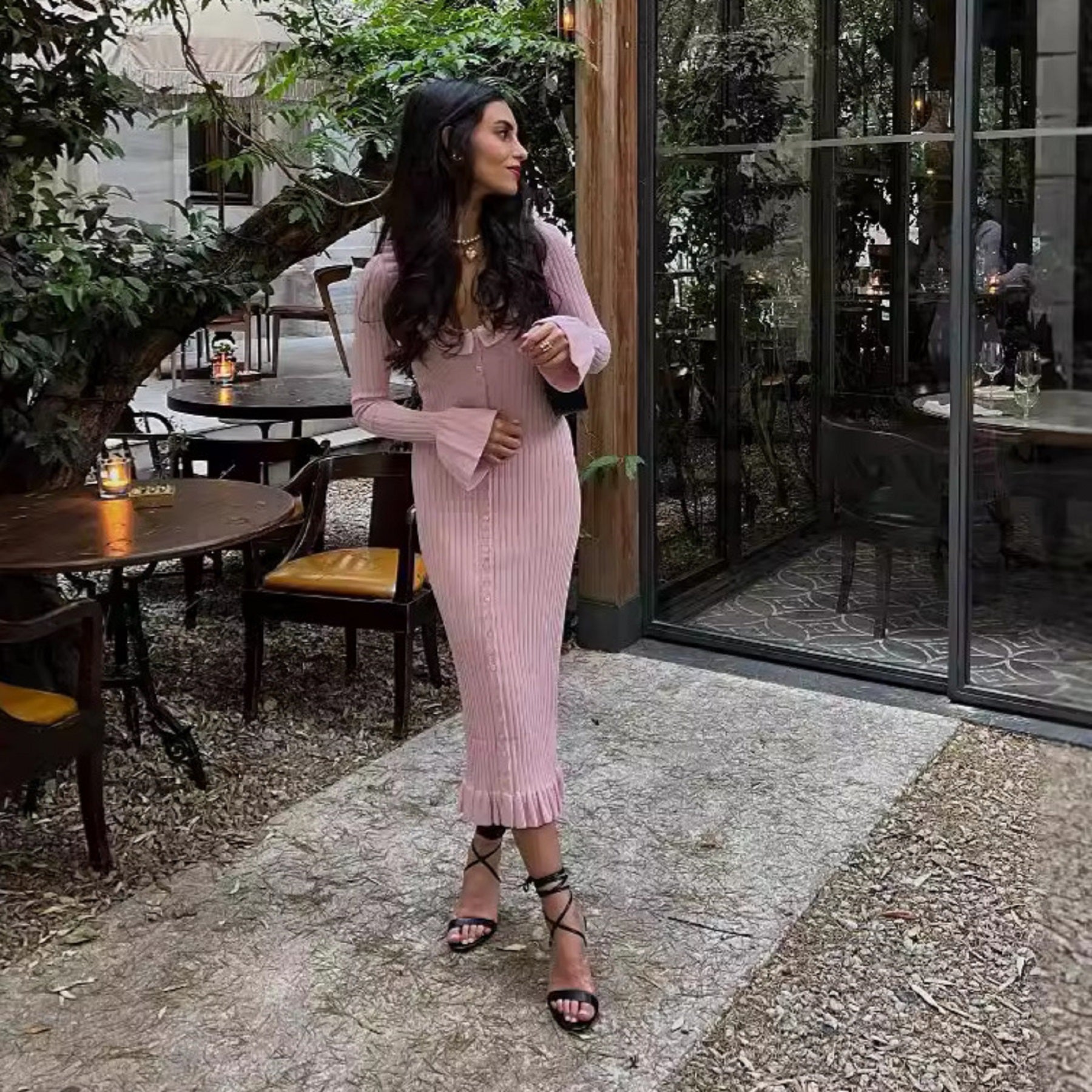 CurvesSense 2024 Lapel Ruffles Slim Fit Temperament Hip-wrapped Long Sleeves Single-breasted Knitted Dress Women
