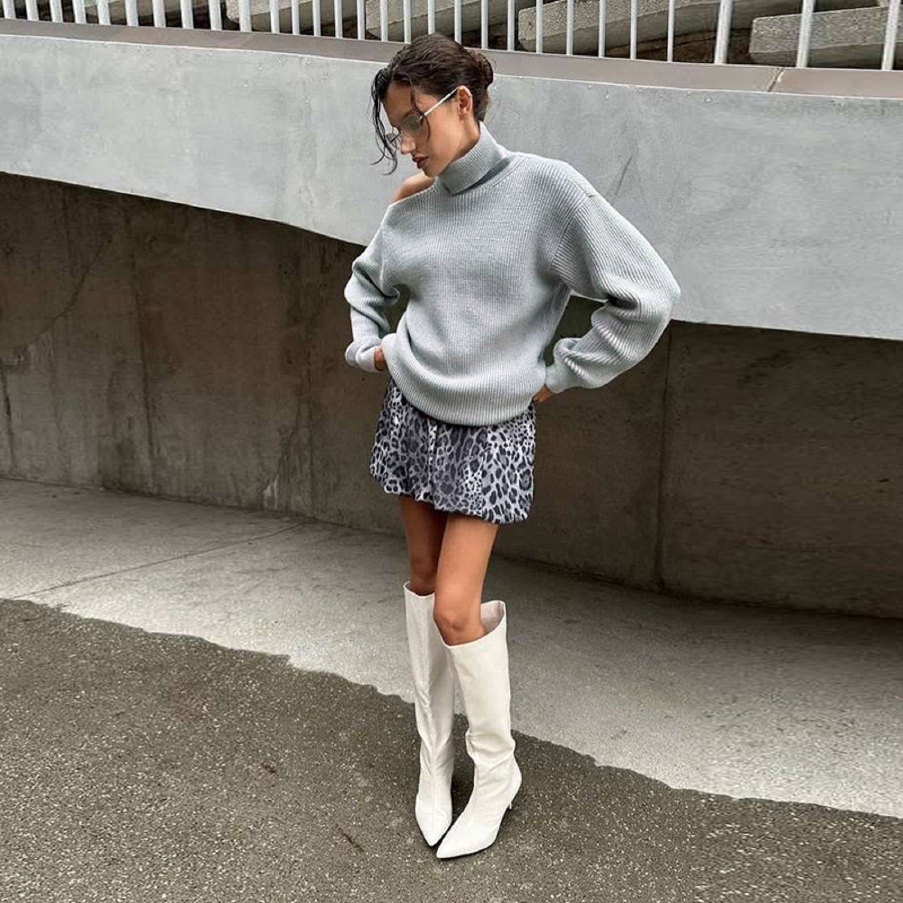 CurvesSense Women's 2024 Autumn and Winter Fashionable and Sexy Off-Shoulder High-Neck Solid Color Hollow Knitted Sweater