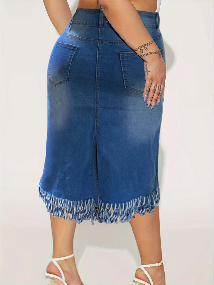 Plus Size Clothes Stretch Denim Skirt Tassel Hip Skirt