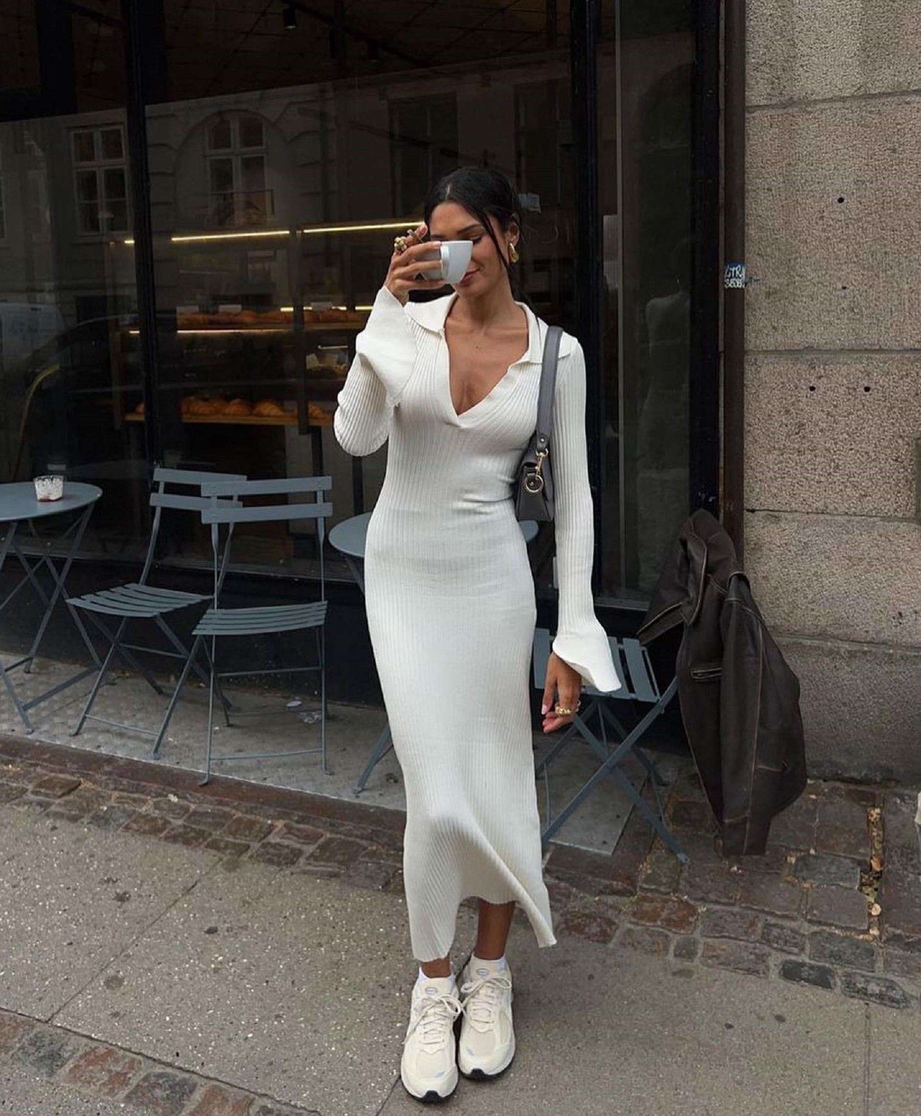 CurvesSense Women's new European and American long-sleeved dress women's knitted deep V sweater long skirt