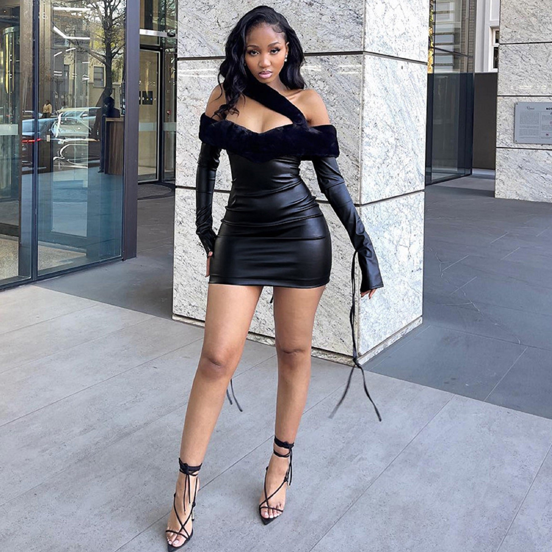 CurvesSense INS style autumn and winter women's fashion sexy one-shoulder long-sleeved slim hip-wrapped PU dress Casual Clothing Leather Womenswear