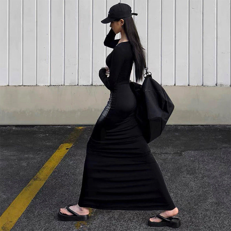 European and American cross-border autumn new square-neck pullover long-sleeved high-waisted hip fishtail dress