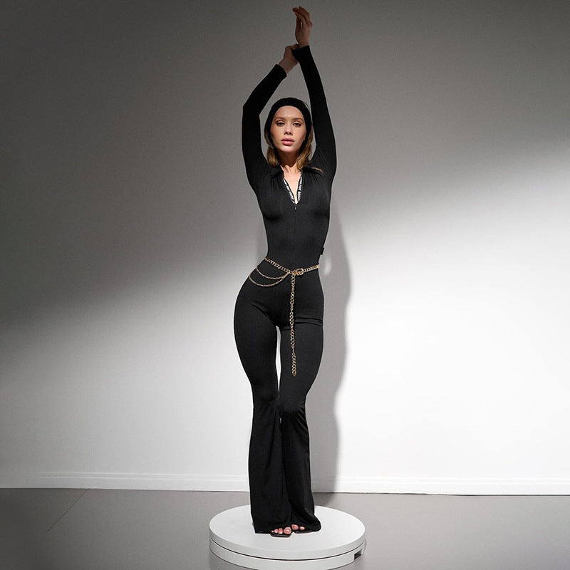 Women's Lapel Front Zipper Sexy Skinny Jumpsuit