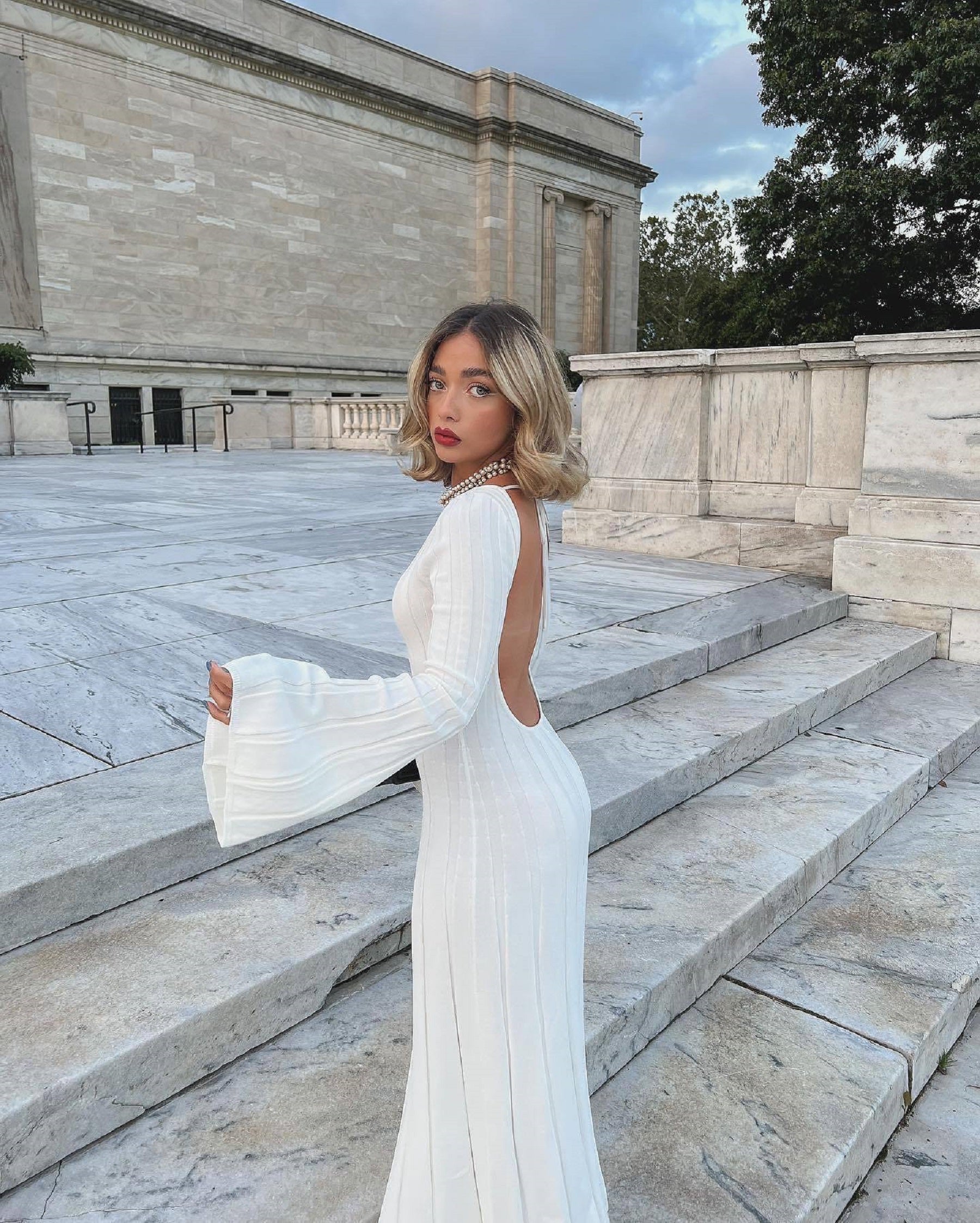 CurvesSense Autumn and winter dress casual core-spun yarn slim round neck large ribbed backless A-line knitted long skirt for women