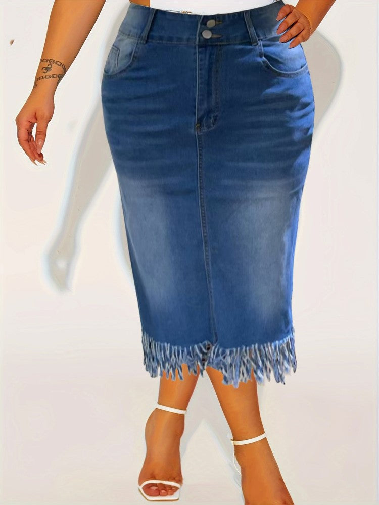 Plus Size Clothes Stretch Denim Skirt Tassel Hip Skirt