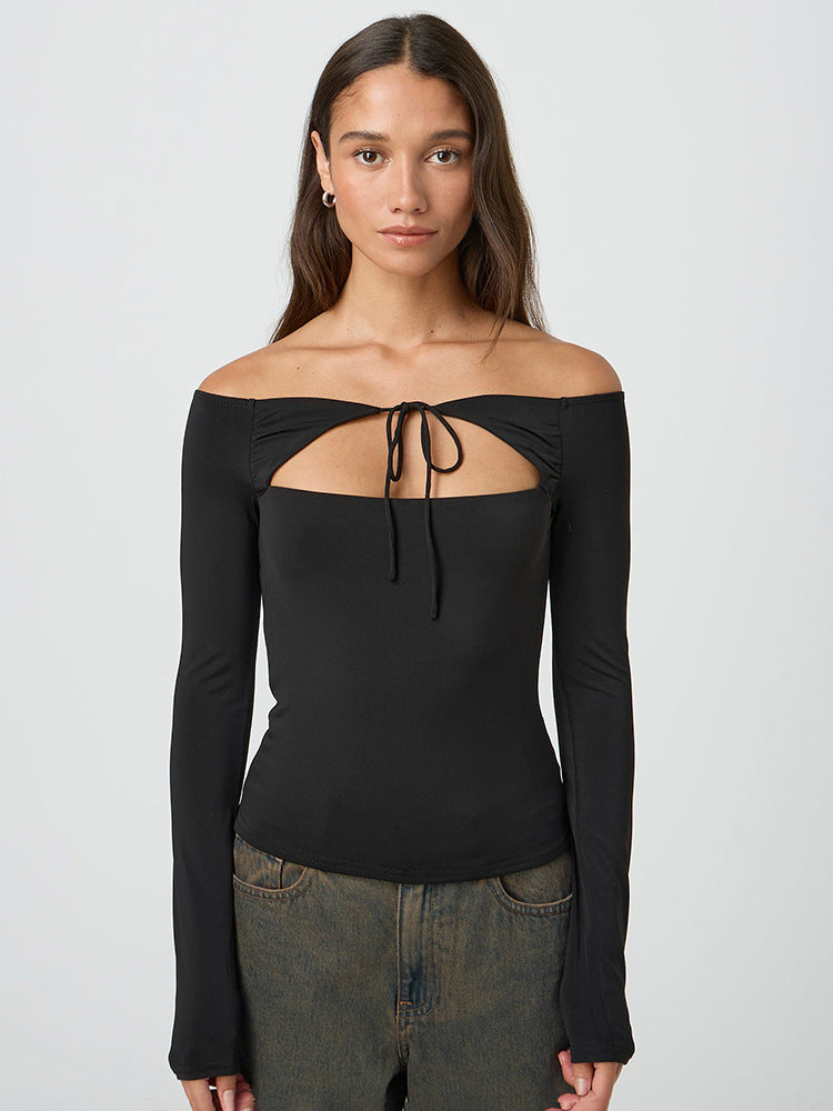 European and American clothing autumn Amazon new solid color one-line neckline off-shoulder lace-up hollow long-sleeved top
