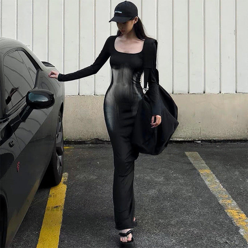 European and American cross-border autumn new square-neck pullover long-sleeved high-waisted hip fishtail dress
