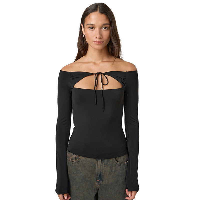 European and American clothing autumn Amazon new solid color one-line neckline off-shoulder lace-up hollow long-sleeved top