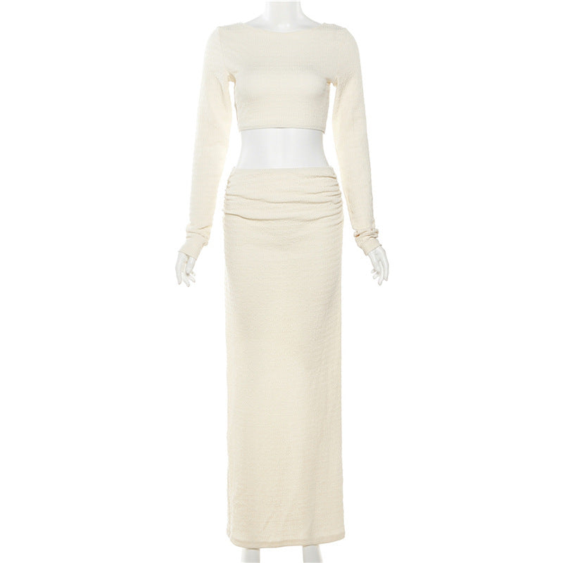 CurvesSense European and American style new women's fashion round neck long sleeve navel-baring T-shirt slim fit hip skirt suit Comfort Cotton