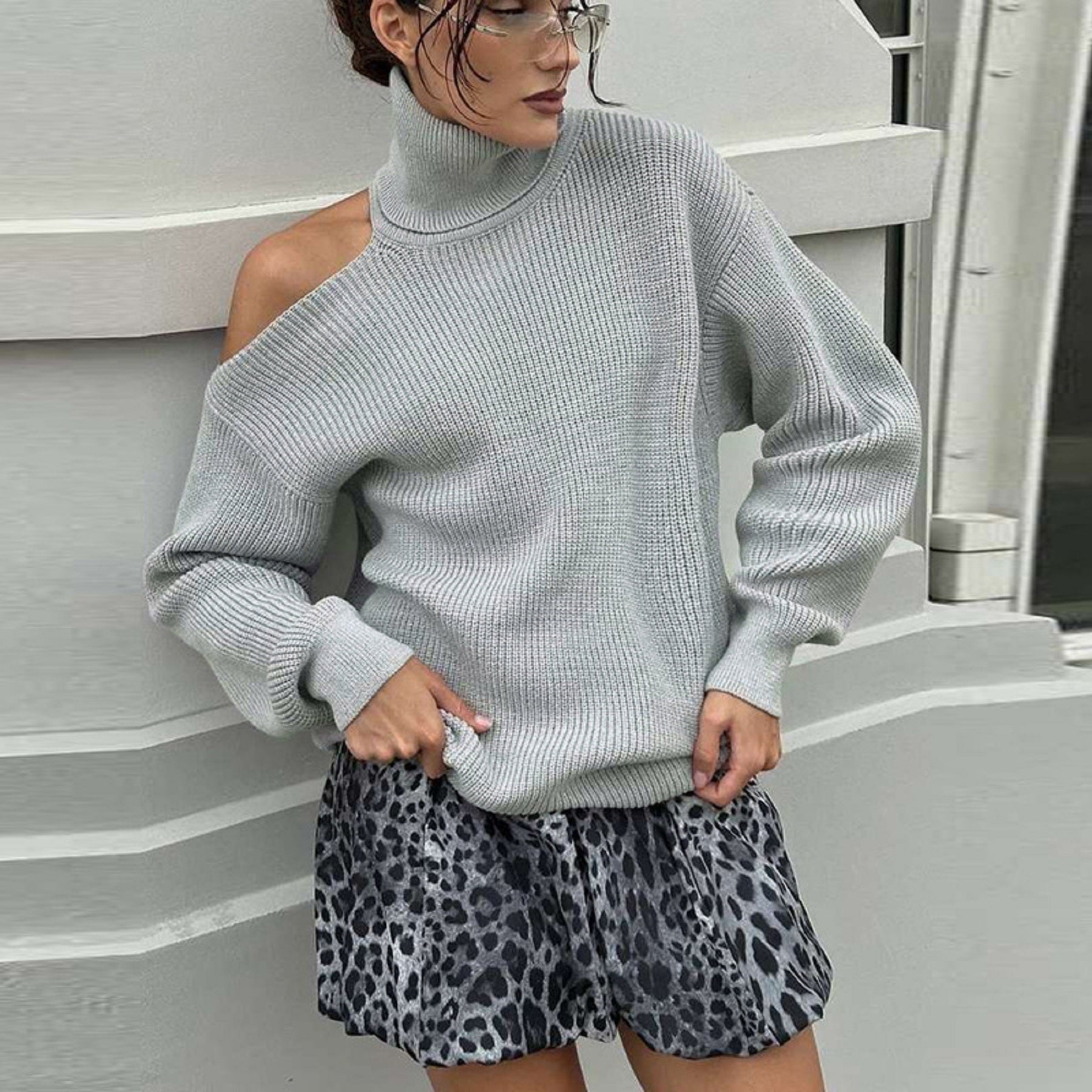 CurvesSense Women's 2024 Autumn and Winter Fashionable and Sexy Off-Shoulder High-Neck Solid Color Hollow Knitted Sweater