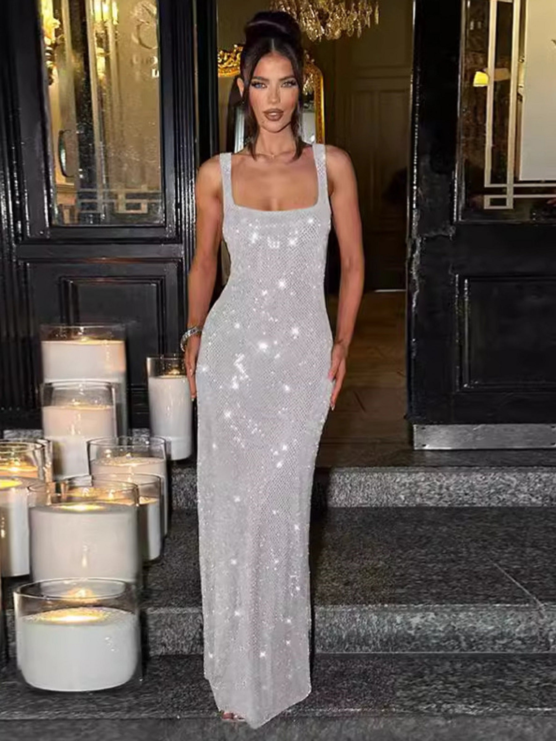 CurvesSense 2024 autumn new women's clothing one-shoulder solid color sequined sling sexy slim hip dress