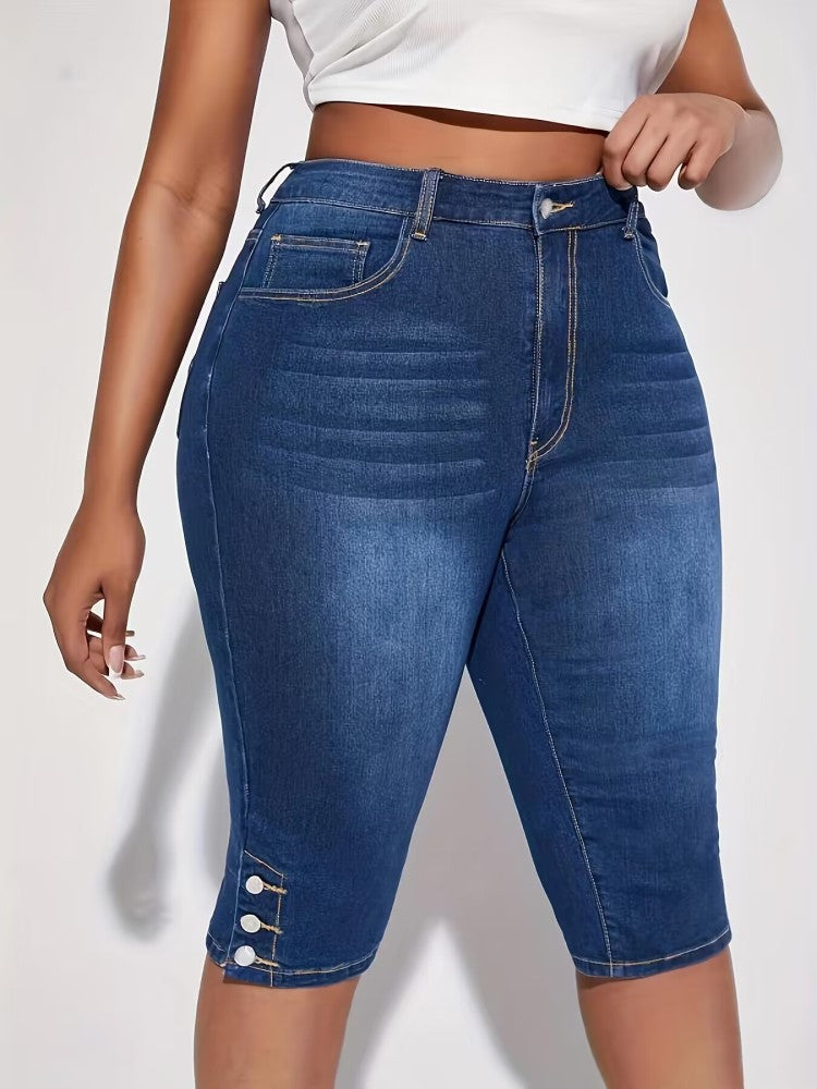 Plus Size Clothes Side Buttoned Stretchy Plus Size Petite Trousers Cropped Jeans