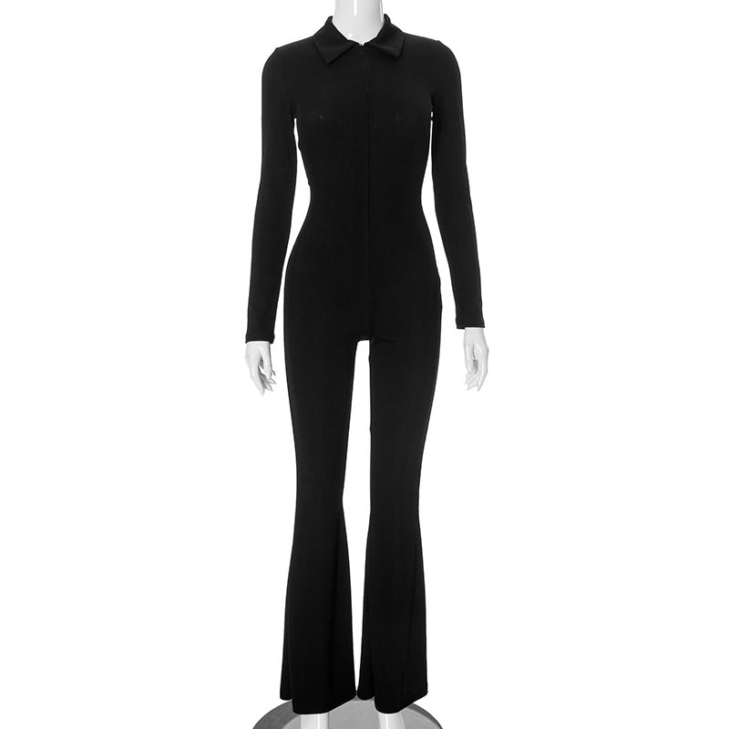 Women's Lapel Front Zipper Sexy Skinny Jumpsuit