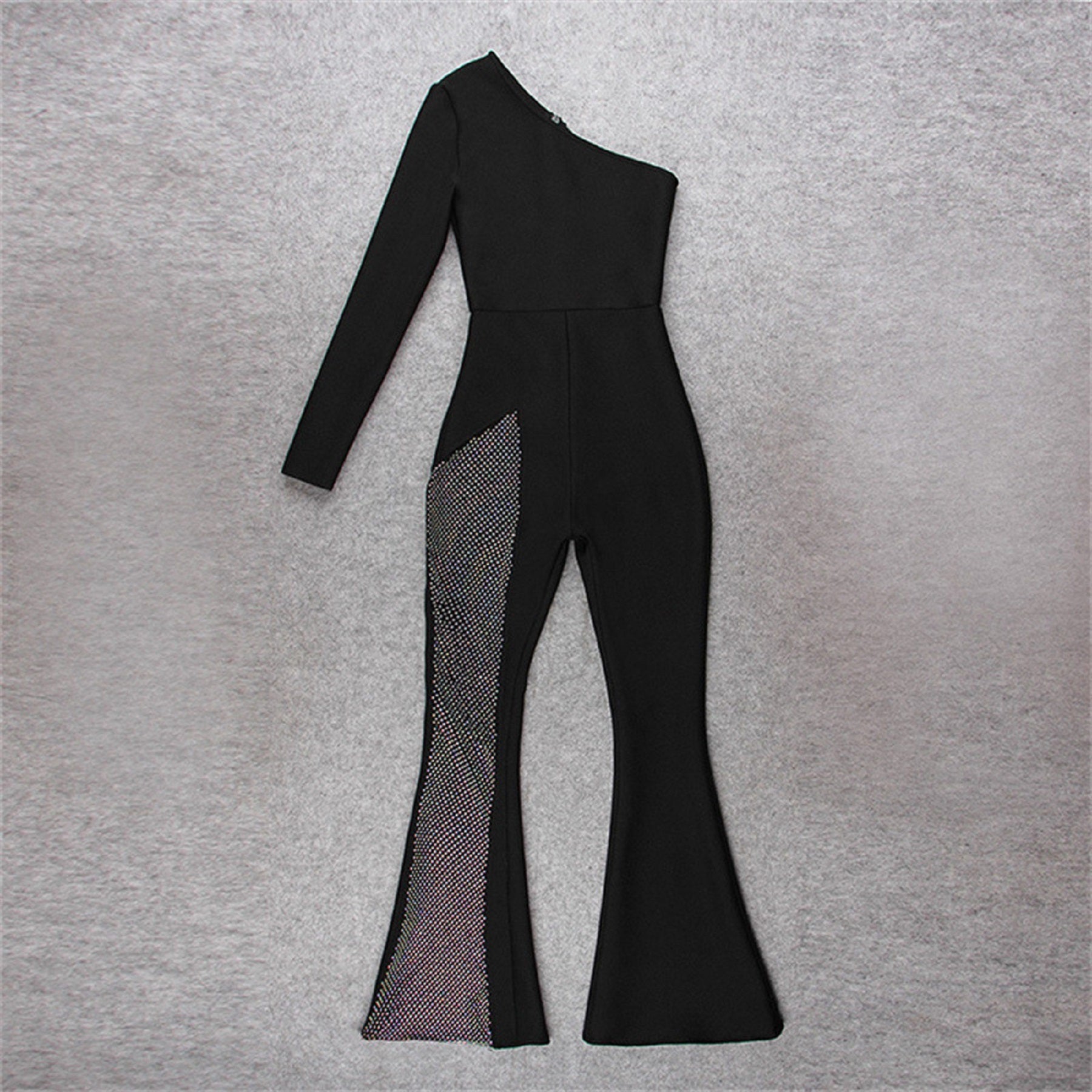 CurvesSense European and American style autumn women's fashion one-shoulder long-sleeved sexy mesh splicing flared jumpsuit Collar Fit Clothing