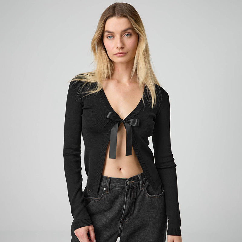 European and American clothing autumn Amazon new solid color V-neck tied sexy cardigan long-sleeved top for women