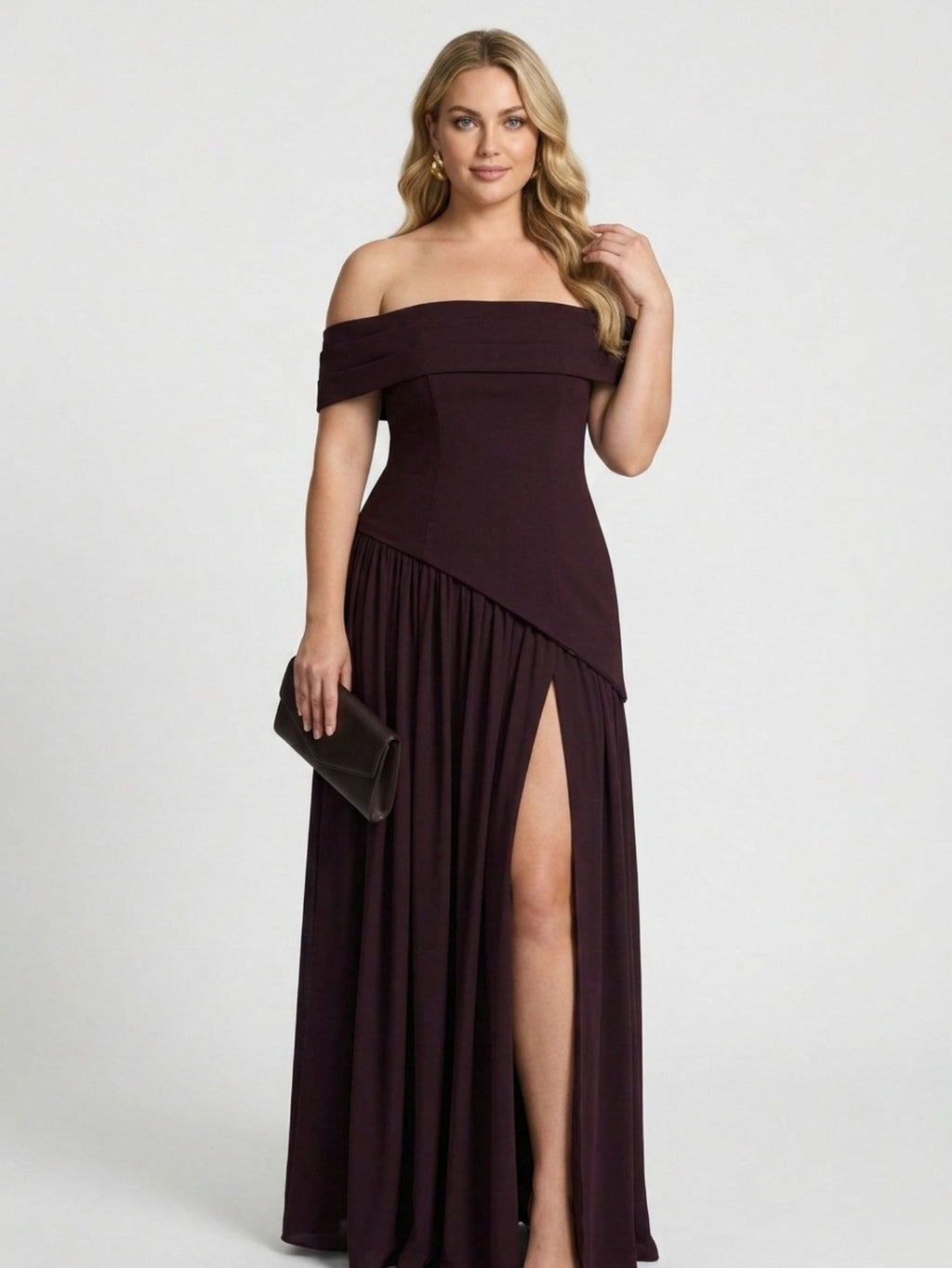 Women's Off The Shoulder Gown - Plum High Neck Maxi Dress with High Slit & Draped Detail | Formal Evening Party Dress