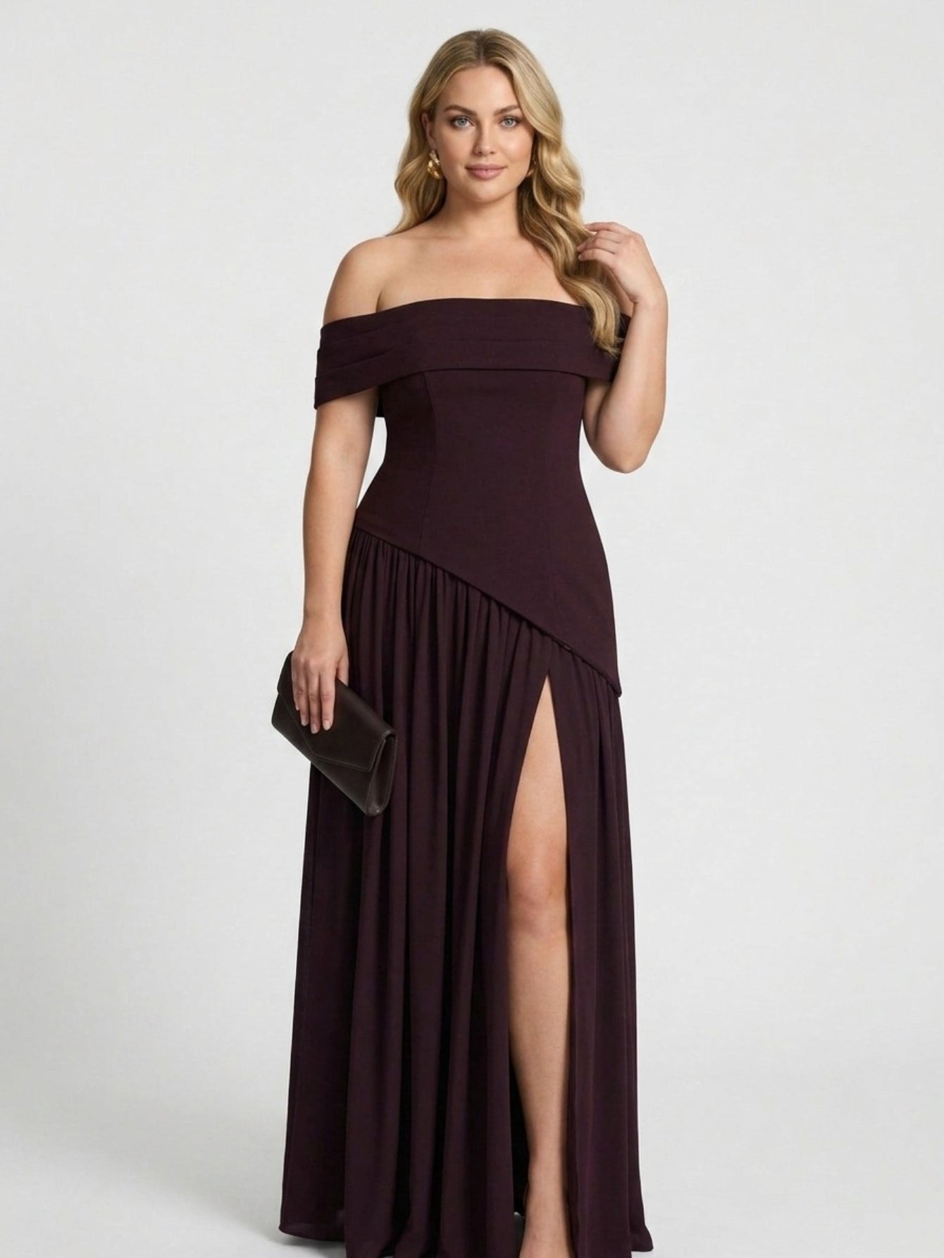 Women's Off The Shoulder Gown - Plum High Neck Maxi Dress with High Slit & Draped Detail | Formal Evening Party Dress