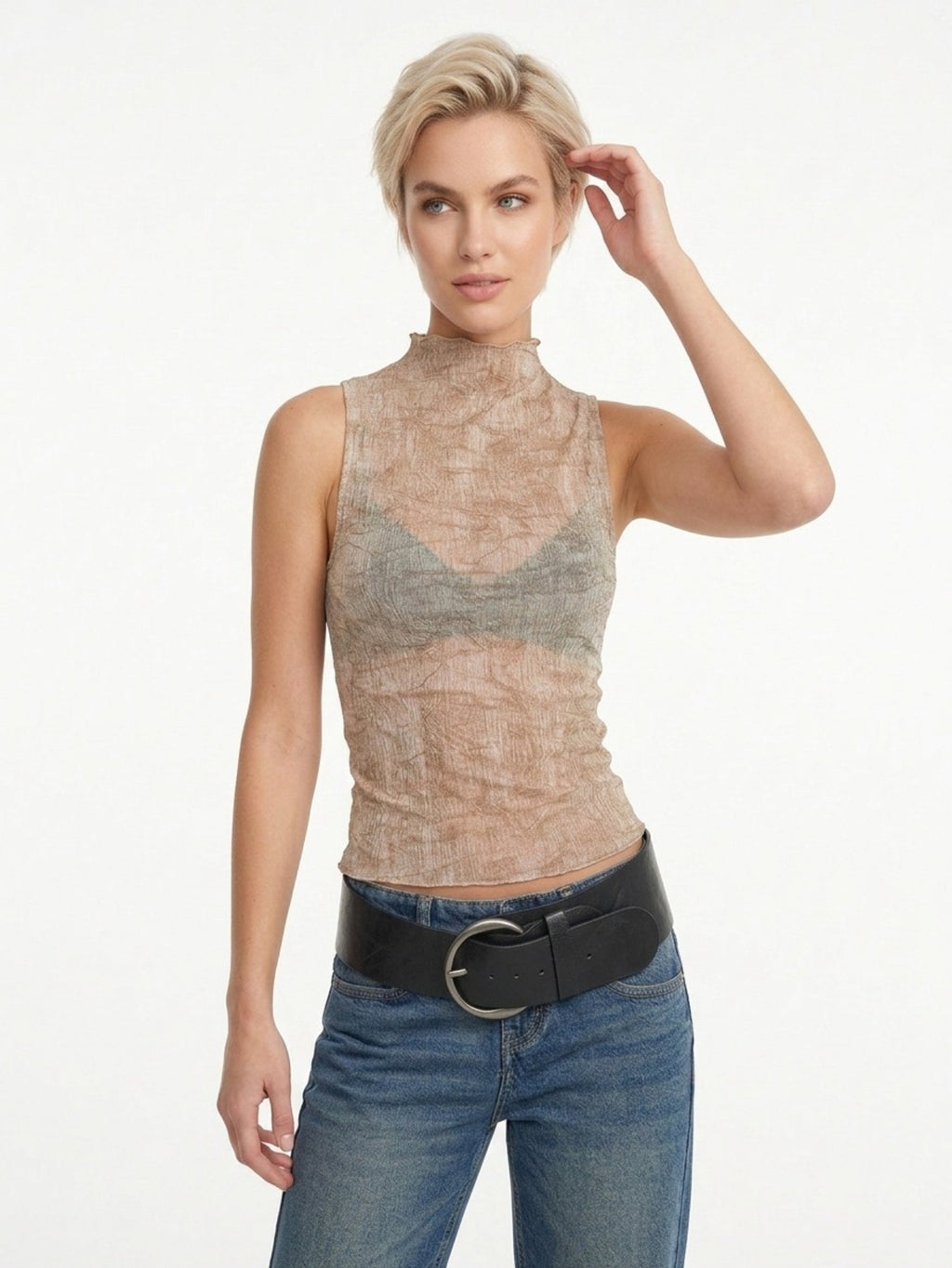 Women's Textured High Neck Sleeveless Crop Top - Ribbed Knit Slim Fit Tank for Summer Street Style