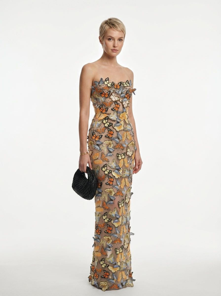Women's Butterfly Print Halter Maxi Dress - Sheer Mesh Ruched Bodycon Evening Party Gown