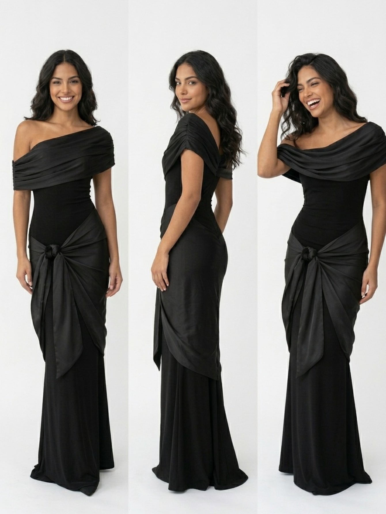 Women's One Shoulder Evening Gown - Black Draped Knot Detail Maxi Dress for Formal Occasions