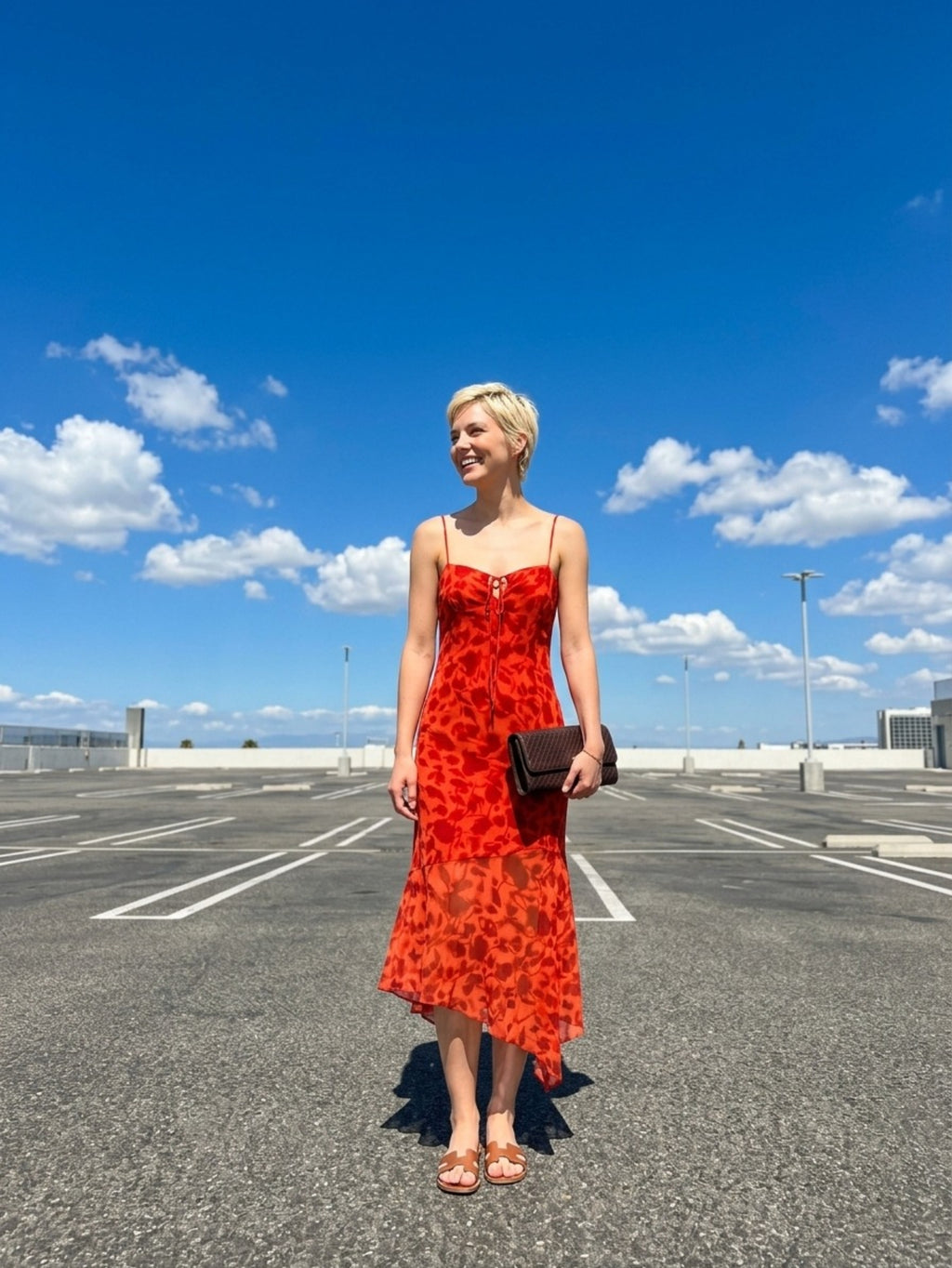 Women's Red Printed Midi Dress - Spaghetti Strap Asymmetric Hem Summer Casual Vacation Dress
