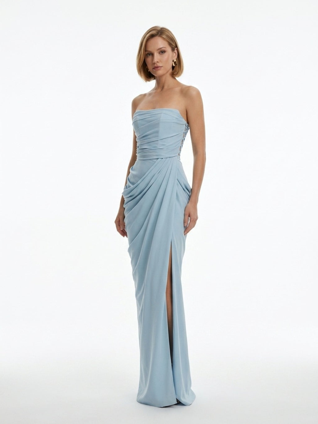 Women's Light Blue Strapless Maxi Dress - Ruched Satin High Slit Formal Evening Gown