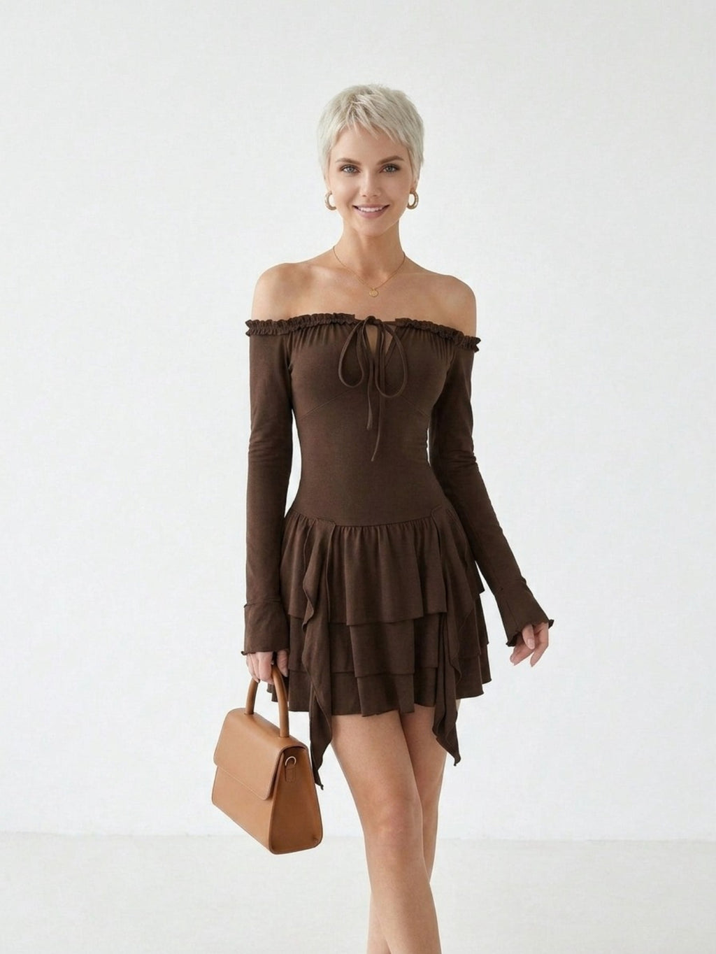 Women's Off Shoulder Tiered Midi Dress - Brown Long Sleeve Knit Sweater Dress with Puff Sleeves and Bow Tie