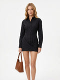 Women's Black Shirt Dress - Long Sleeve Collared Button Down with Corset Waist & Wrap Mini Skirt | Casual Autumn Office Going Out Dress