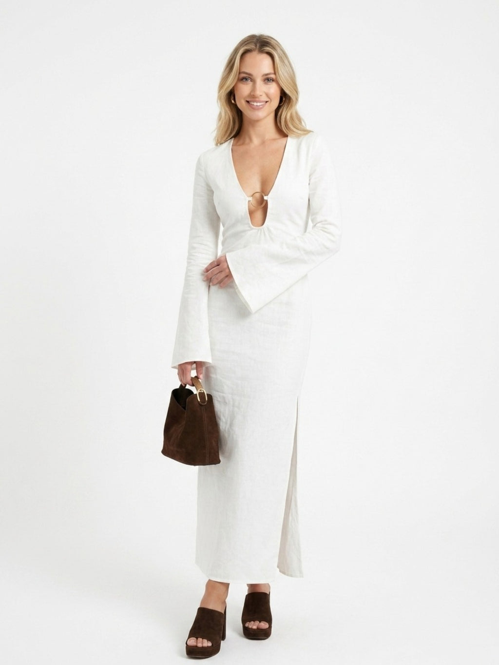 Women's White Maxi Dress - Long Sleeve Plunging Neckline Dress with Ring Detail & Thigh High Slit | Elegant Evening Gown