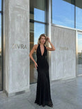 Women's Halter Neck Polka Dot Maxi Dress - Black Deep V Neck Evening Gown with Ruched Waist & Flowy Skirt