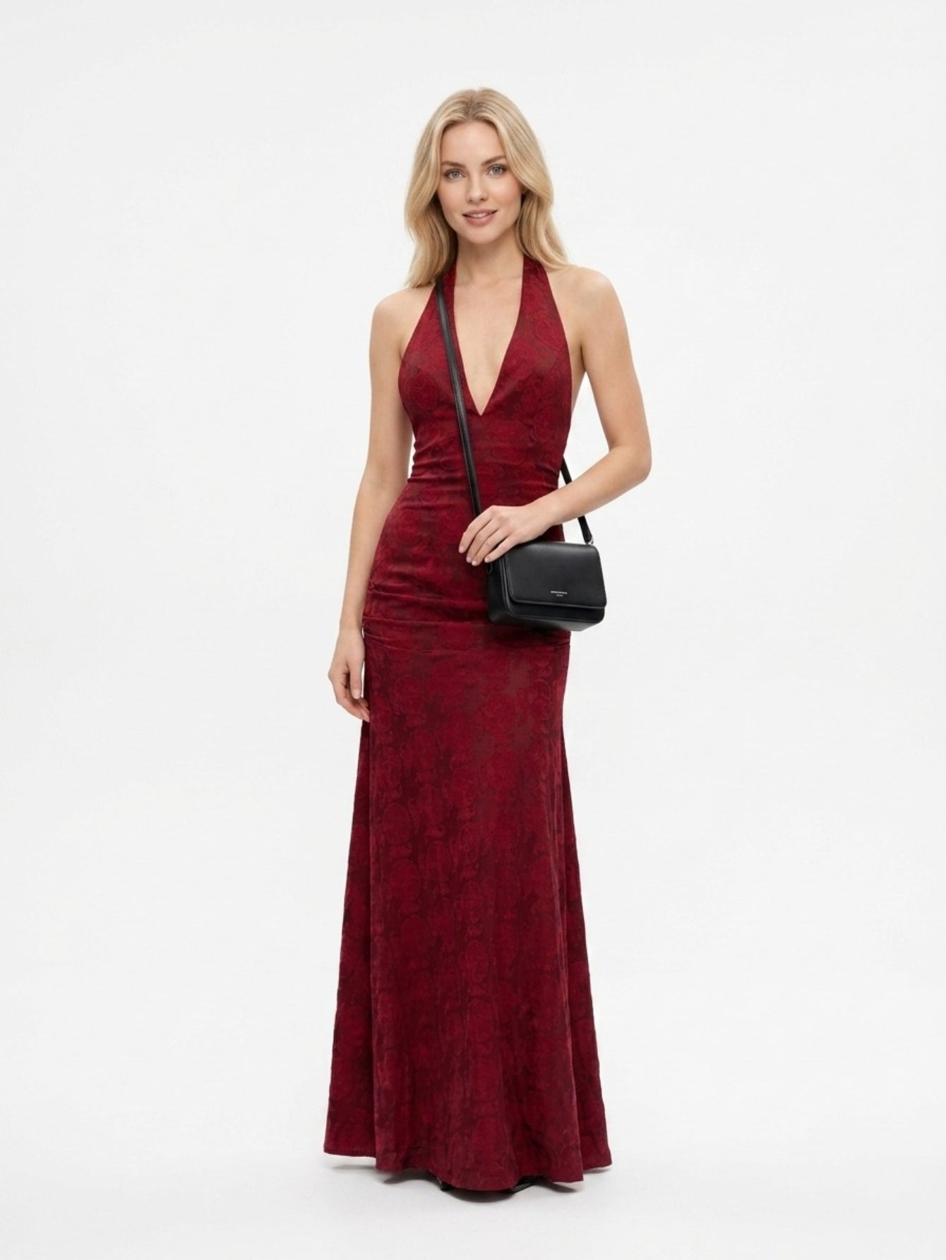 Women's Red Velvet Gown - Halter Neck Plunging V-Neck Floral Burnout Maxi Dress | Elegant Evening Formal Party Dress
