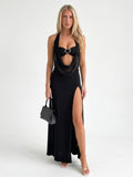 Women's Halter Neck Cutout Maxi Dress - Black Slinky Night Out Gown with High Leg Slit & Metal Ring Detail