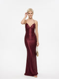 Burgundy Satin Slip Midi Dress - Plunging V-Neck with Crisscross Back Tie Detail for Women
